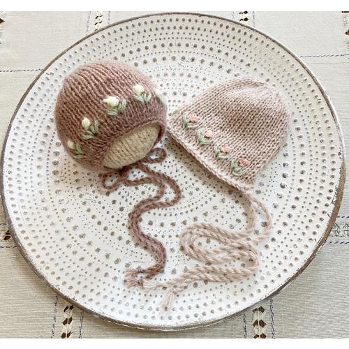 Baby Alpaca Knit Bonnet: Newborn Embroidery Hat, RTS