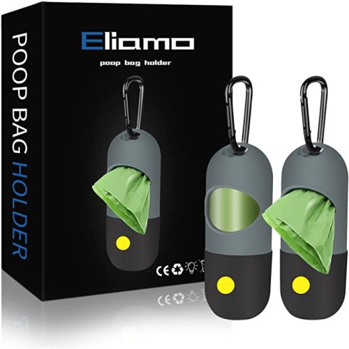 2 Pack Dog Poop Bag Dispenser with Built-in LED Flashlight, Pet Waste Bag Holder for Leash with Carabiner Clip for Lead Leash, 2 Rolls Leak-proof Doggy Waste Bags for Dog Walking, Grey