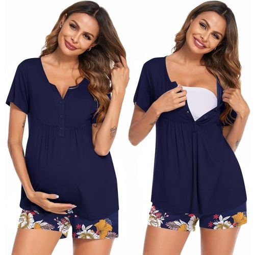 Ekouaer Women's Maternity Nursing Pajama Sets Short Sleeve Postpartum Pajamas Breastfeeding Pregnancy Clothes, Size Large