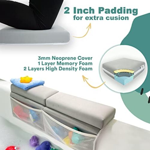 Baby Bath Kneeler and Elbow Rest Pad Set - Thickest Bathtub Kneeler Pad with Memory Foam and Bath Toys Organizer - Ideal Bath Kneeling Pad for Bathing Baby - Relieve your Knees and Elbows - Toodly