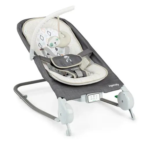 Ingenuity Happy Belly Baby Bouncer Seat and Rocker, Belly Massage & Vibration, Helps Soothe & Relieve Discomfort, Music, Plush Sloth Toy, for Ages 0-6 Months, Grey - Parker