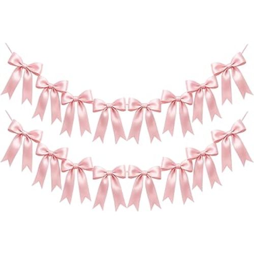 2 Strings of 16PCS Pink Bow Garlands Banner Decoration,Pre-Strung Satin Ribbon Ornaments for Birthday,Bachelorette Party,Bridal Shower, Wedding,Engagement,Baby Shower, Graduation Deco,Anniversary
