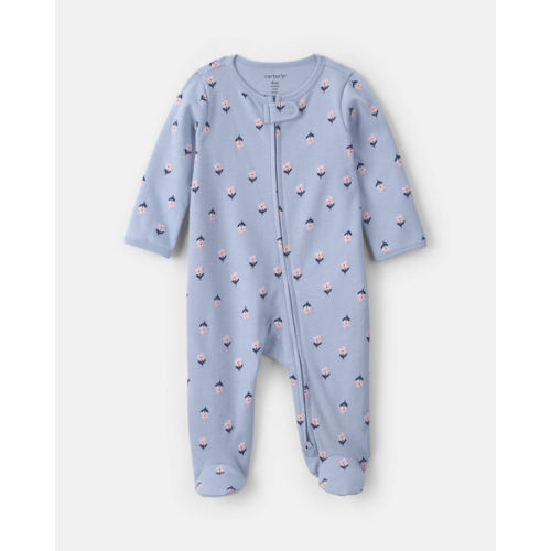 Baby Girl 2-Way Zip Flower & Butterfly Cotton Sleep & Play Pajamas - Blue | Carter's