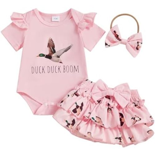 Hunting Baby Girl Clothes Mallard Duck Embroidery Short Sleeve Romper Ruffle Tutu Shorts Set Newborn Summer Outfit