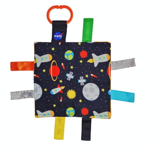 Baby Jack & Co 8x8” Outer Space Lovey Tag Toys for Babies - Crinkle Toys - Travel Self Sooth - Soft & Safe - Learn Shapes, Colors, Planets - BPA Free w/Stroller Clip