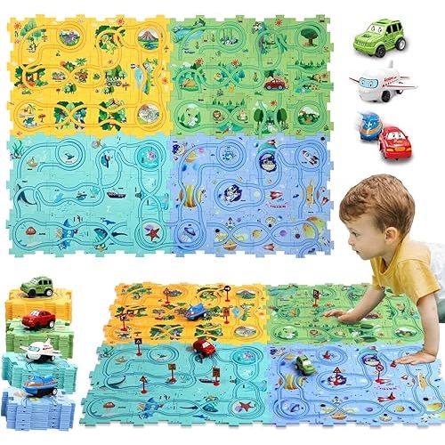 Puzzle Racer Kids Car Track Set Puzzle Racer Car Track Set with Roadmap Puzzle Track Car Play Set Toy for Kids 3-8 Years Old(100Pcs, 4 Stytle)