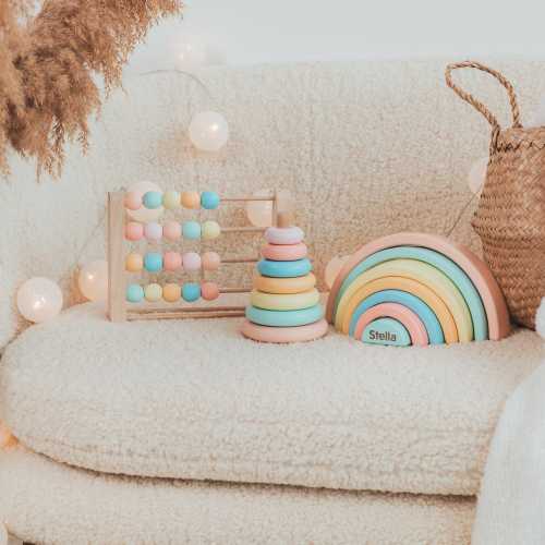 Pastel Montessori Toy Set. Wooden Rainbow Stacker. Baby Learning Toys. Toddler Gift. Boho Nursery Decor.