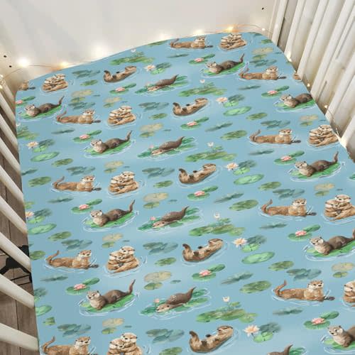Cute Otters Family Leaves Baby Crib Sheets for Boy Girl 28"x52" Otters Lilies Pond Soft Snug Fitted Crib Mattress Covers Animals Wildlife Nursery Baby Sheet for Standard Crib & Toddler Bed Mattress