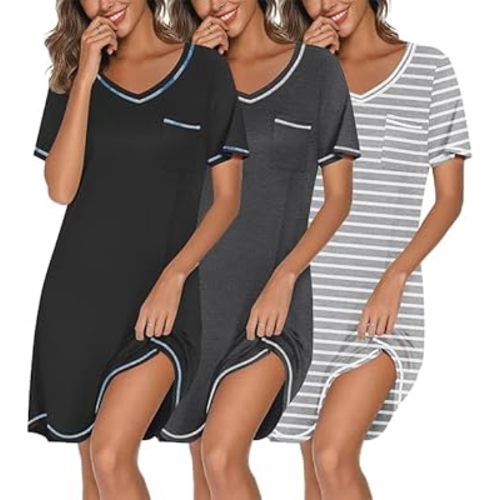 Ekouaer 3 Pack Nightgowns for Women Short Sleeve Sleep Shirts T Shirt Night Gown V Neck Nightshirts Soft Sleepwear Dress