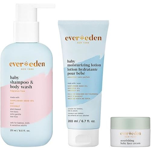 Evereden Baby Bathtime Trio | Baby Shampoo, Body Wash & Baby Face Cream & Fragrance Free Moisturizing Lotion | Rich, Non-Greasy Moisturizing Cream | Clean and Unscented Care