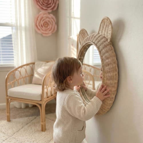 Rattan Bear Wall Mirror for Nursery Decor, Baby Girl Room Wall Art, Boho Nursery Mirror, Handmade Natural Rattan Kids Room Decor