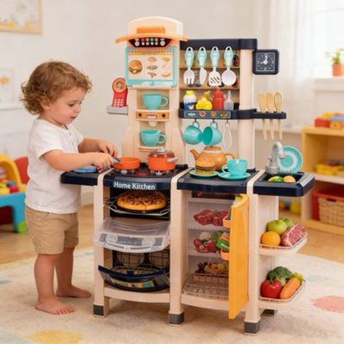 Large Kids Kitchen Playset 65 PCS Toy Accessories Set, Kitchen Toy Cookware with Real Sounds and Light for Kids, Blue
