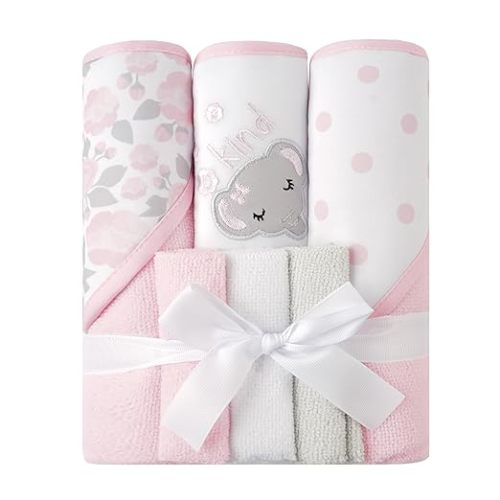 Viviland Baby Towels and Baby Wash Cloths Set Hooded Baby Towels Baby Wipes Absorbent Bath Face Towels Burp Cloths or Face Towels for Girl Boy 6-Pack Size 28 x 28 Inch(Elephant Flower)