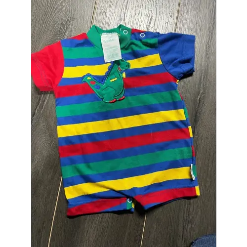 Vintage Y2K Boy 12 Months Dinosaur Striped Colorblock Romper