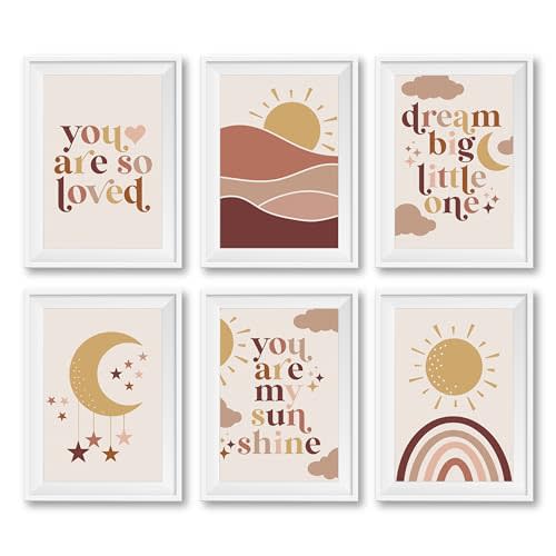 Hadley Designs 6 Reversible 8x10 Boho Unframed Wall Art Prints, Gender Neutral Nursery Decor for Girl or Boy, Bedroom, School, Classroom, Rainbow Baby Shower Decorations