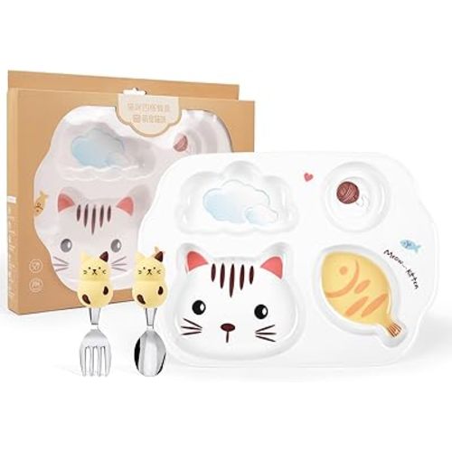 Kids Plate and Utensils, Dinner Tray Divided Plates and Spoon & Fork, BPA-Free Shatter- Resistant 4 Compartment, Picky Eater Friendly Dinnerware Set for Boys and Girls (Cat & Fish Theme)
