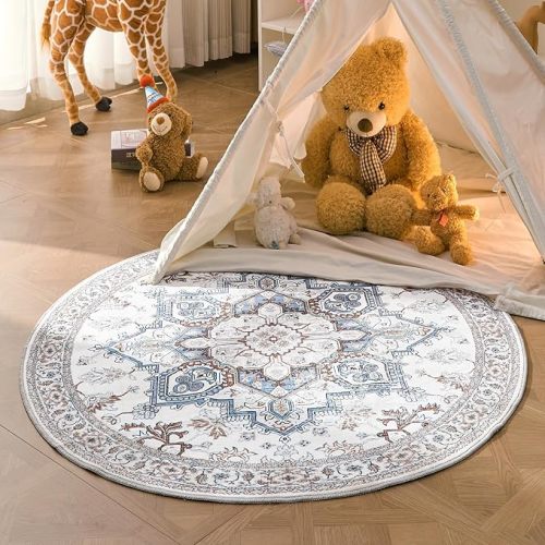 OPPODREAM Soft Round Rug 4ft, Neutral Washable Circle Rug 4ft with Non Slip Backing Play Room, Low-Pile Carpet 4 ft, Small Faux Cashmere Throw Carpet, Cream White & Blue & Light Brown