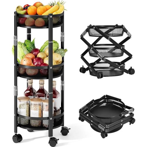 TOOLF 3-Tier Foldable Rolling Cart, Collapsible Metal Utility Cart with Wheels, Assembly-Free, Round Storage Organizer Trolley for Kitchen, Bathroom, Dorm, Nursery, Black
