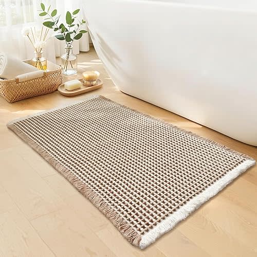 Waffle Bath Mat - Boho Bathroom Rugs Non Slip Washable, Super Absorbent & Quick Dry, Small Bath Mats Farmhouse Bathroom Decor, 18'' x 30'', Khaki and White