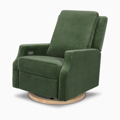 Namesake Crewe Electronic Recliner and Swivel Glider - Forest Green Velvet With Light Wood Base