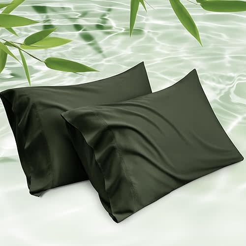Bedsure Cooling Pillow Cases Queen Size Set of 2, Rayon Derived from Bamboo Queen Pillowcases, Olive Green Pillow Cases, Breathable & Soft Bedding Pillow Covers with Envelope Closure, 20x30 Inches