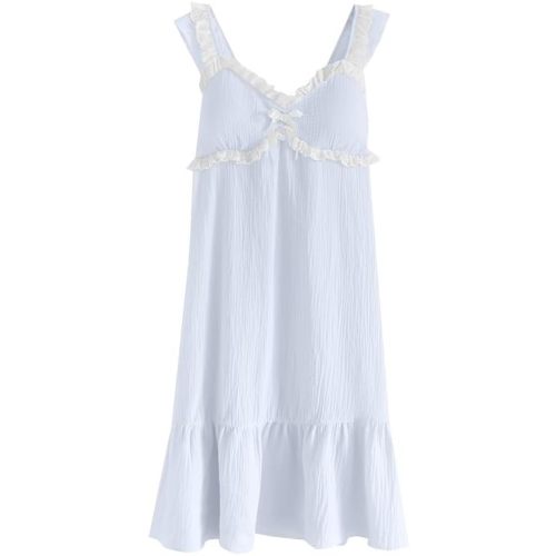 Womens Built in Bra Cotton Nightgown Sweet Gauze Dress Ruffle Strap Summer Lounge Dress