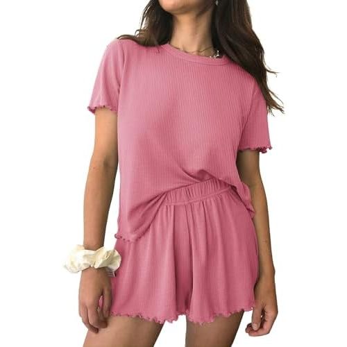 Ekouaer Womens Pajamas 2 Piece Ribbed Knit Pjs Short Sleeve Sleepwear Set Summer Soft Pajamas Set Casual Lounge Sets