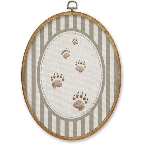 CGBHW Vintage Bear Paws Prints Oval Wall Art Decor, Rustic Forest Nursery Canvas Prints Framed, Neutral Striped Bear Wild Animals Paws Wall Art Hanging Decor for Home Kitchen Kids Room Bedroom, 8.6x11.4 Inch