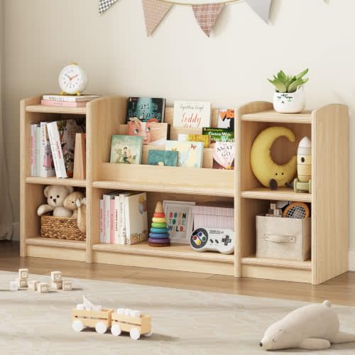 Wooden Montessori Shelf with 3-Tier Bookshelf, Natural | Toddler Low Cabinet and Toy Storage, Baby Bookcase for Kids Room Playroom Nursery Classroom, Rounded Corners & Anti-Tip