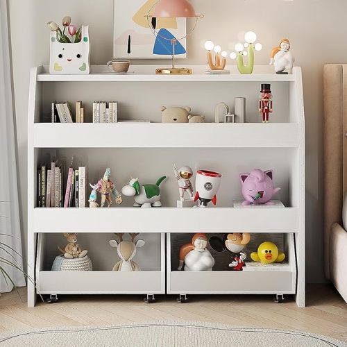 Toy Storage Organizer, 3 Tier Montessori Shelf with Movable Bins (White)