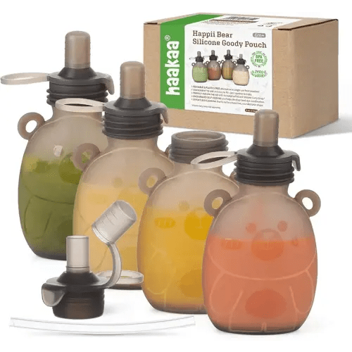 Haakaa Happii Bear Silicone Goody Pouch,Reusable Baby Food Pouches for Homemade Organic Purees, Juices, Smoothies, and Yogurt - Perfect for Toddlers and Kids - 4 Pack, 6oz