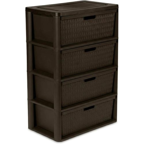 Wide 4-Drawer Plastic Storage Tower, Brown Decorative Cross-Weave Organizer Unit with Removable Portable Bins and Pull Handles, Easy Tool-Free Wide Storage Bin