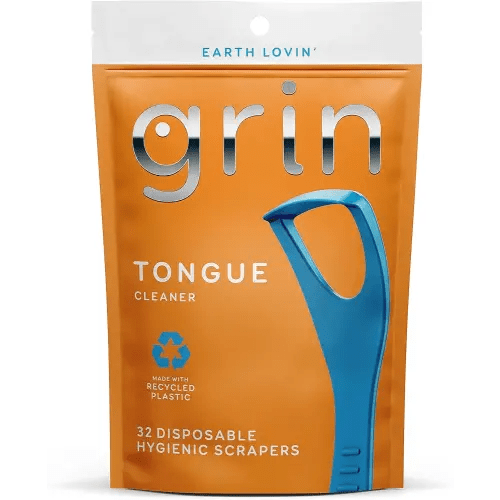 GRIN Tongue Cleaner, 32 Count, Disposable Tongue Cleaner, Hygienic Scraper, Recycled Plastic, Clean Tongue, Promote Fresh Breath, Includes Safe Fold- Back Tooth Pick