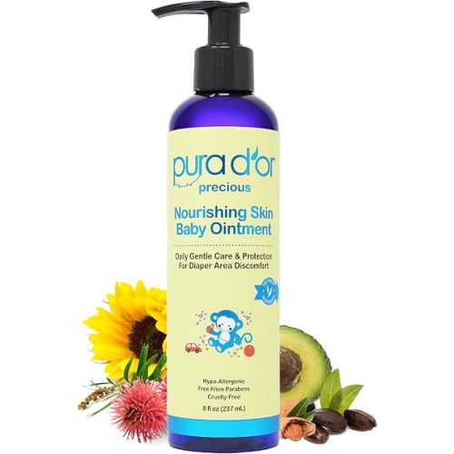 PURA D'OR Baby Ointment, 8 Oz, Moisturizing Balm for Sensitive Skin, Diaper Area, Dryness, Protective Barrier, Gentle Care, Jojoba, Almond, Sunflower, Avocado Oils, Beeswax, Vitamin E, Daily Comfort
