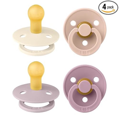BIBS Pacifiers - Color 4 Pack | Round Nipple BPA Free Natural Rubber Latex Soother Size 0-6 Months | Girl Colors