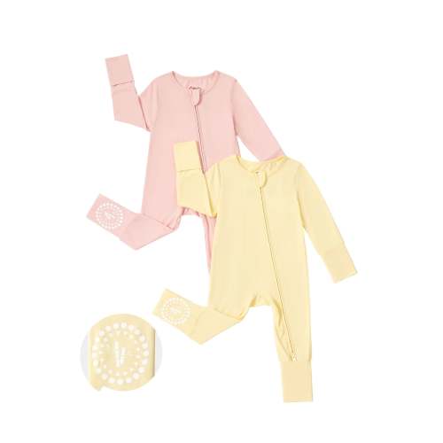 Bamboo 2-Pack Footies Baby Boy / Girl 2-Way Zipper Anti Slip Long Sleeve Rompers Pale Yellow