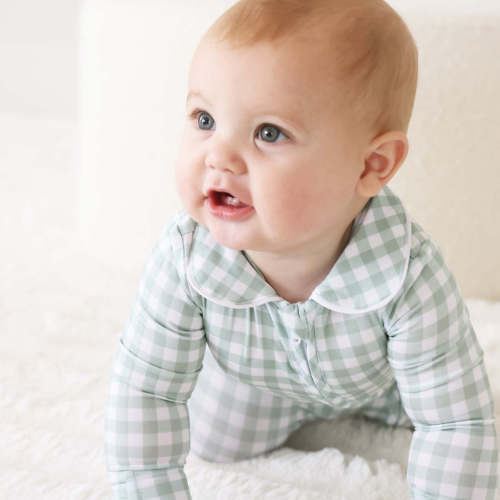 Peter Pan Collar Zipper Footie | Moss Gingham