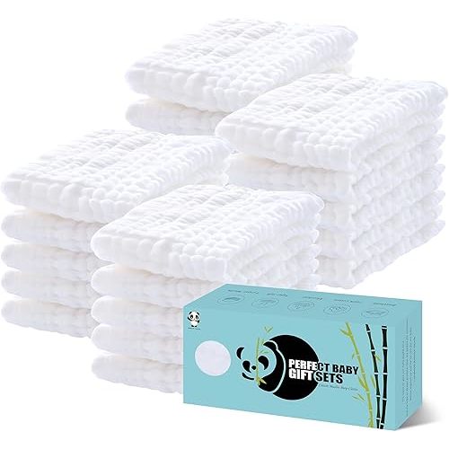 HIPHOP PANDA 20 Pack 6-Layers Muslin Burp Cloths Large - Durable 100% Cotton - Baby Essentials Extra Absorbent and Soft Boys & Girls Rags for Newborn Registry (White, 20" X10")