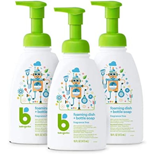 Babyganics Foaming Dish & Bottle Soap, Pump Bottle, Fragrance Free, Plant-Derived Cleaning Power, Removes Dried Milk, 16 Fl Oz, (Pack of 3), Packaging May Vary