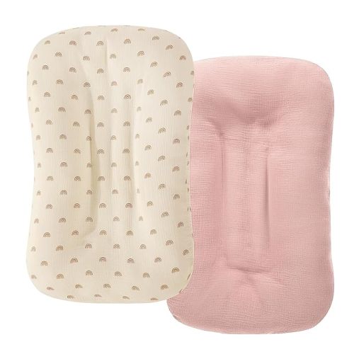 HOMBYS Muslin Baby Lounger Cover 1 Pcs for Newborn, 100% Cotton Lounger Slipcover, Ultra Soft Removable Cover for Infant Lounger Pillow (Beige Rainbow,Dusty Pink) - Rainbow & Dusty Pink - 2 PCS