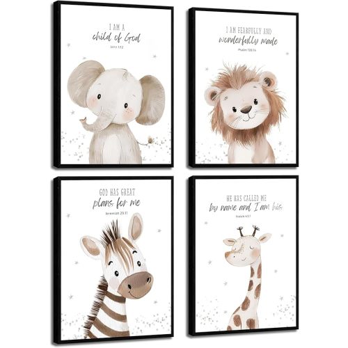4Pcs Nursery Bible Verse Animal Canvas Wall Art Funny Cute Safari Animals Christian Painting Picture Wall Decor Lions Elephant Giraffe Zebra Poster Print Artwork for Boys and Girls Home Decoration