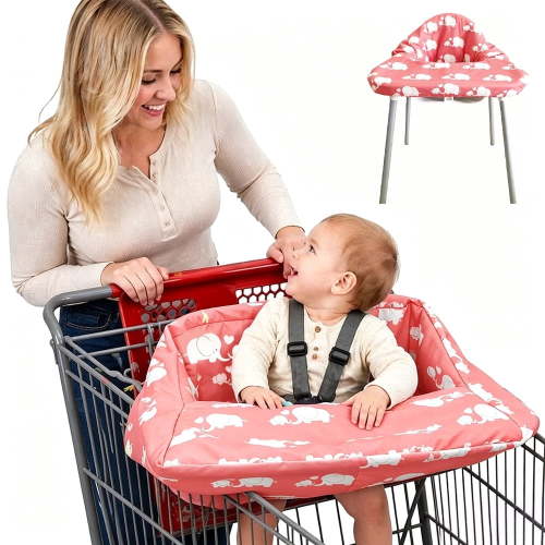 Pozico 2-in-1 Baby Shopping Cart & High Chair Cover – Machine Washable w/ Portable Storage, Pink White Elephant, Unisex