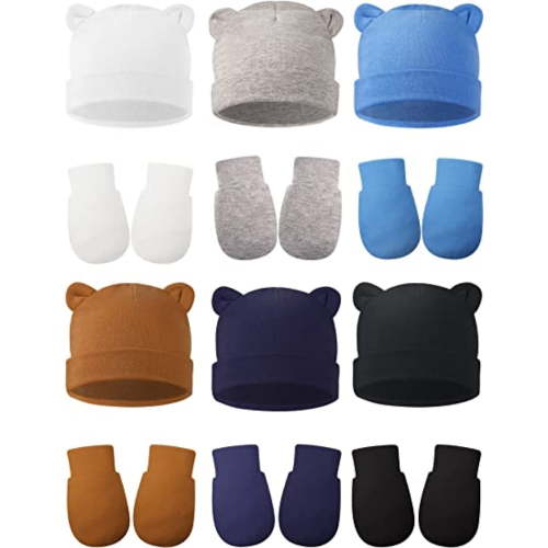 PEACNNG 12 Sets Newborn Cotton Gloves Solid Baby Hat with Ears and Non-Scratch Soft Mittens