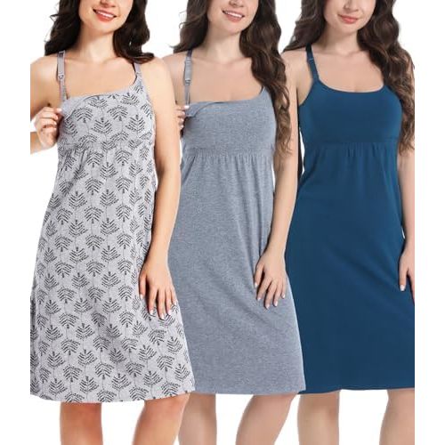 SUIEK 3-Pack Maternity Nursing Nightgown Cotton Breastfeeding Dress Pregnancy Tank Tops Sleepwear