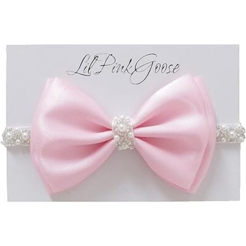 0-12 Newborn Baby Baptism Pearl Headband or Clip with Bow in WHITE Christening Headband with Satin Bow, Pearl Rhinestone Band (Pink(6-12Months), 1 Count (Pack of 1))