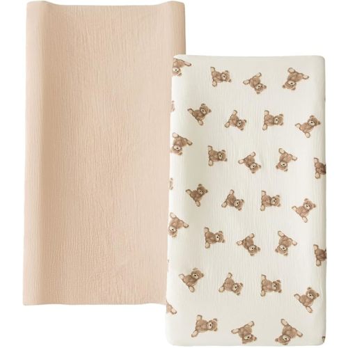 Muslin Changing Pad Cover for Baby Girls Boys, 100% Cotton Soft Breathable Changing Table Covers, Baby Diaper Change Table Pad Cover, 2 Pack (Teddy Bears & Khaki)