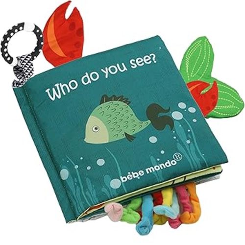 Fish Baby Books, Crinkle Books for Babies,Touch Feel,Infant Baby Toys 0-3 0-6 6-12 Months, Sensory Mirror Toys,Soft Teether,Teething,Shower Baby Easter Basket Stuffers,Baby Gifts for Boys Girls-Green