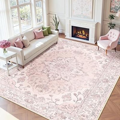 Area Rugs 9'x12' Washable Non-Slip, Floral Vintage Distress Print Pattern Medallion Carpet for Living Room Bedroom Dining Room, Pink Greypink Cute