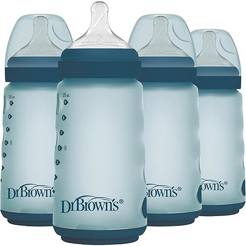 Dr. Brown's Silicone Baby Bottle with Collapsible Insert Designed to Reduce Colic, 9 oz with Wide-Neck Level 2 Medium Flow Nipple, 3m+, Blue, 4-Pack