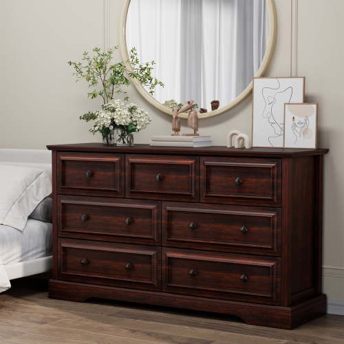 Frmobepts 7 Drawers Dresser Chests for Bedroom Farmhouse, Wood Rustic Tall Chest of Drawers,Cherry
